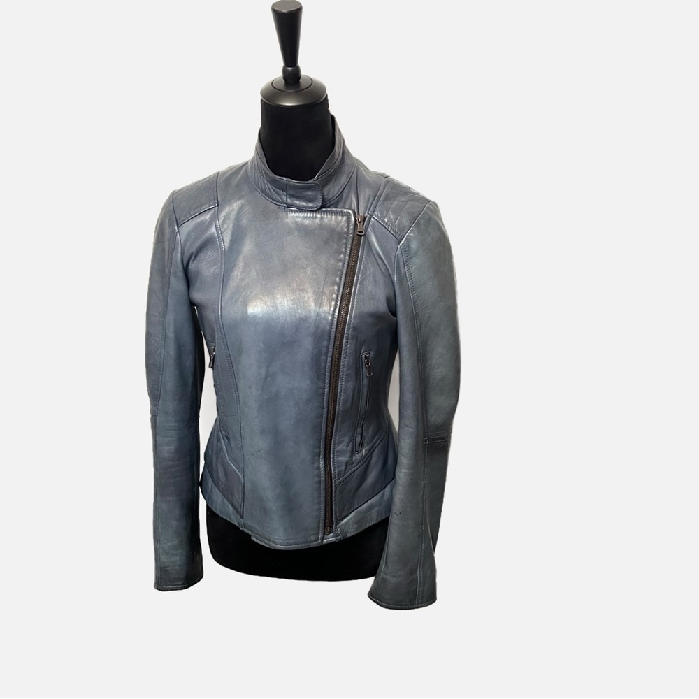 Firenze Italian Lambskin Leather Jacket Women's Small (44) Blue Gray Moto Biker